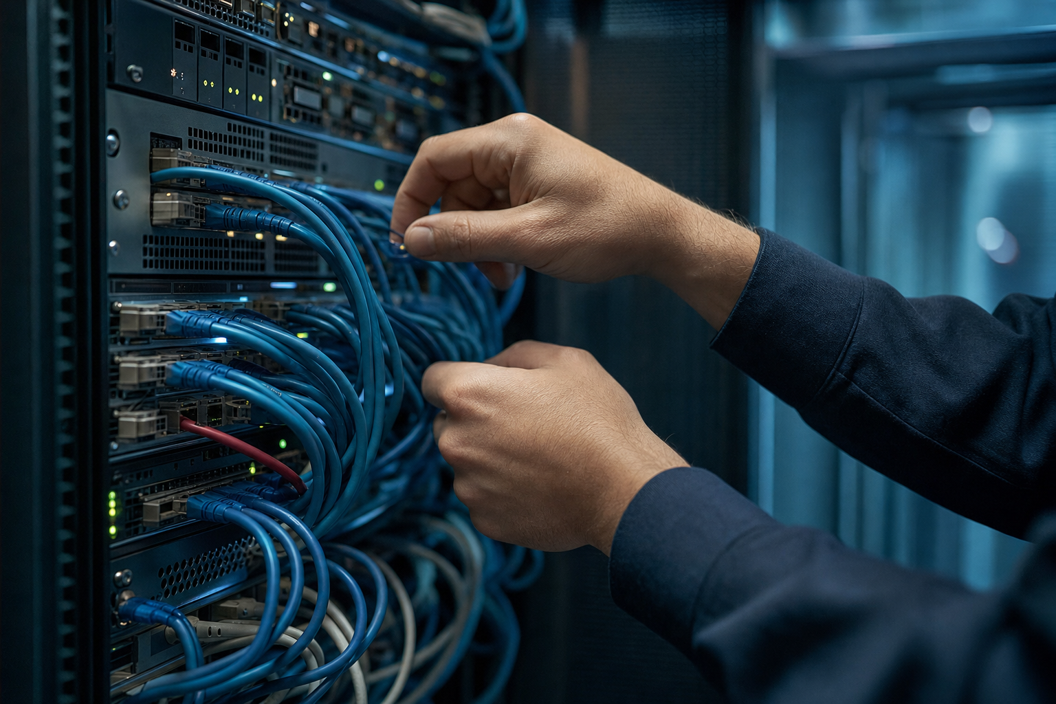 A network engineer securing cabling on a server rack in a data center